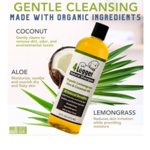 4 Legger Natural Organic Shampoo bottle with palm frond and coconut for go green pet care